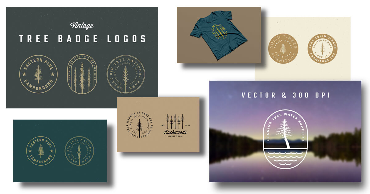 Large logos with vintage trees on different cards.