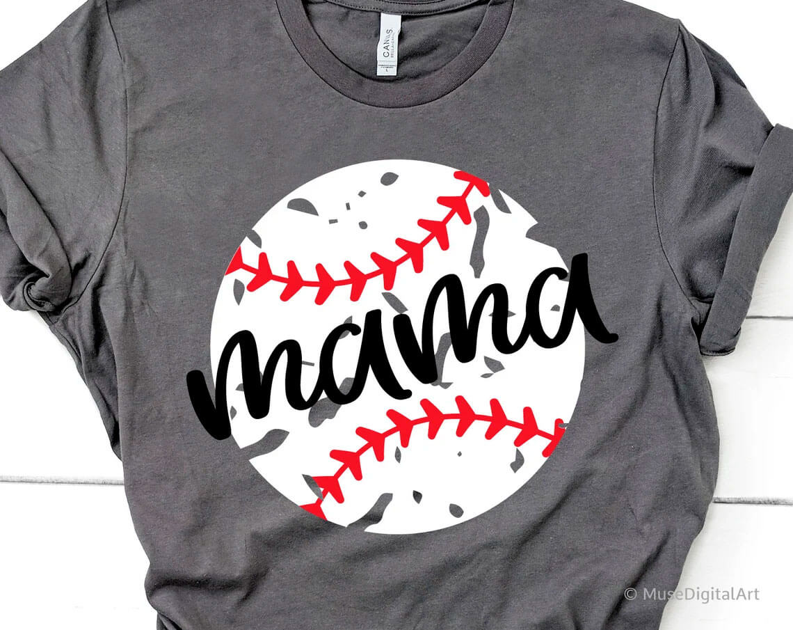 Charcoal T-shirt with "Baseball Mama" print on a baseball background.
