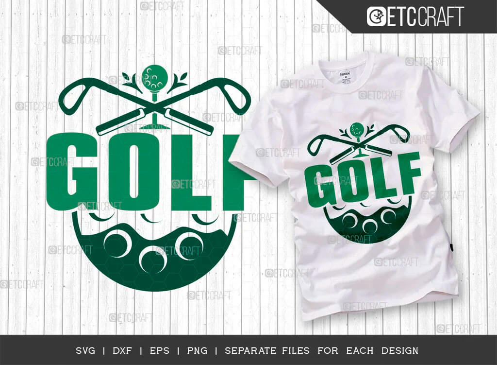 Large Logo and T-shirt against white boards, the inscription in large letters "GOLF".
