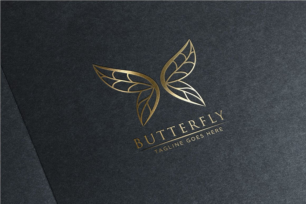 Large golden butterfly logo on a gray background.