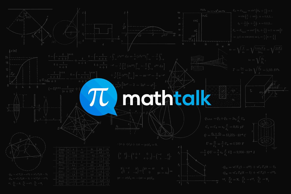 Blue and white large Math Talk logo on a black background with graphs and formulas.