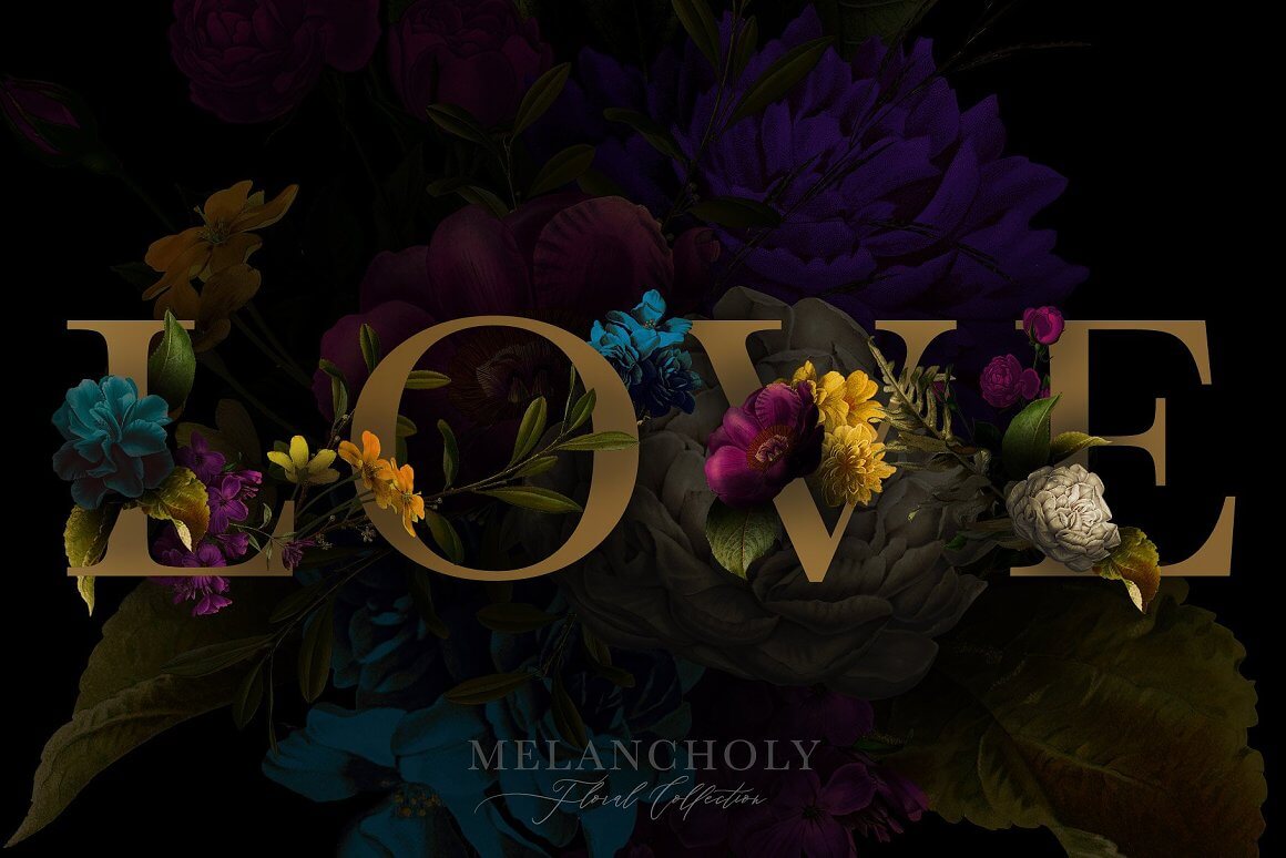 Large love logo in the style of a melancholy floral collection.