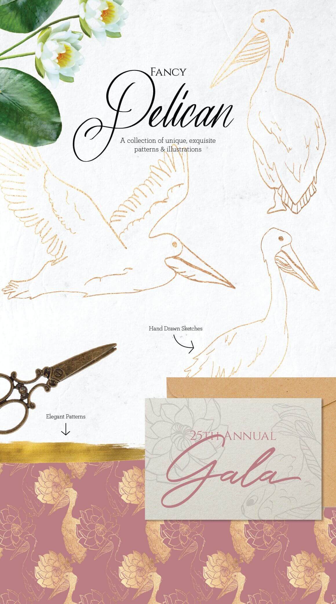 Inscription: "Fancy Pelican, A collection of unique, exquisite patterns & illustrations.
