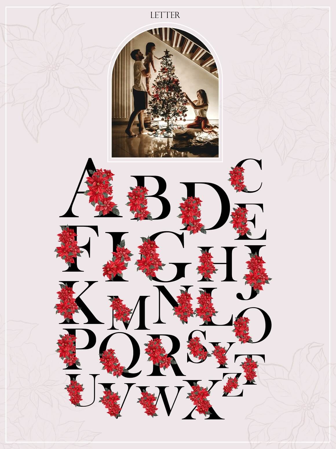 The alphabet is decorated with poinsettia flowers.