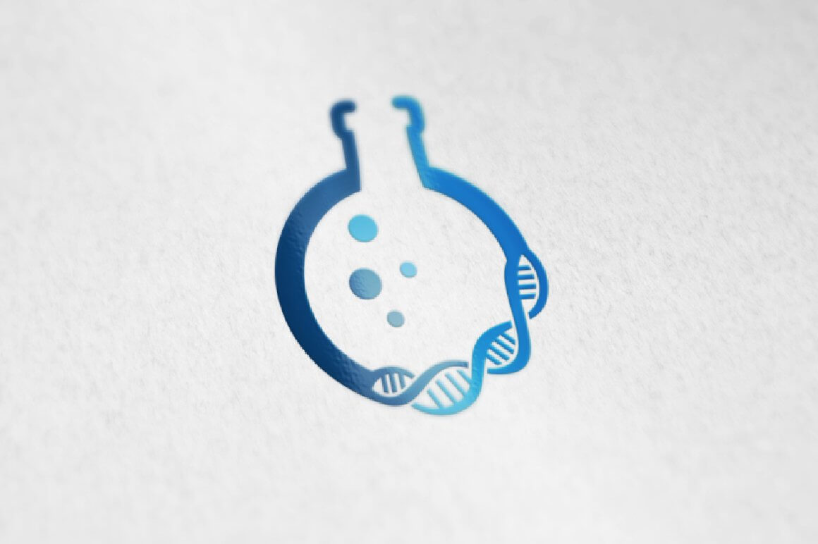 Blue DNA laboratory logo on white paper.