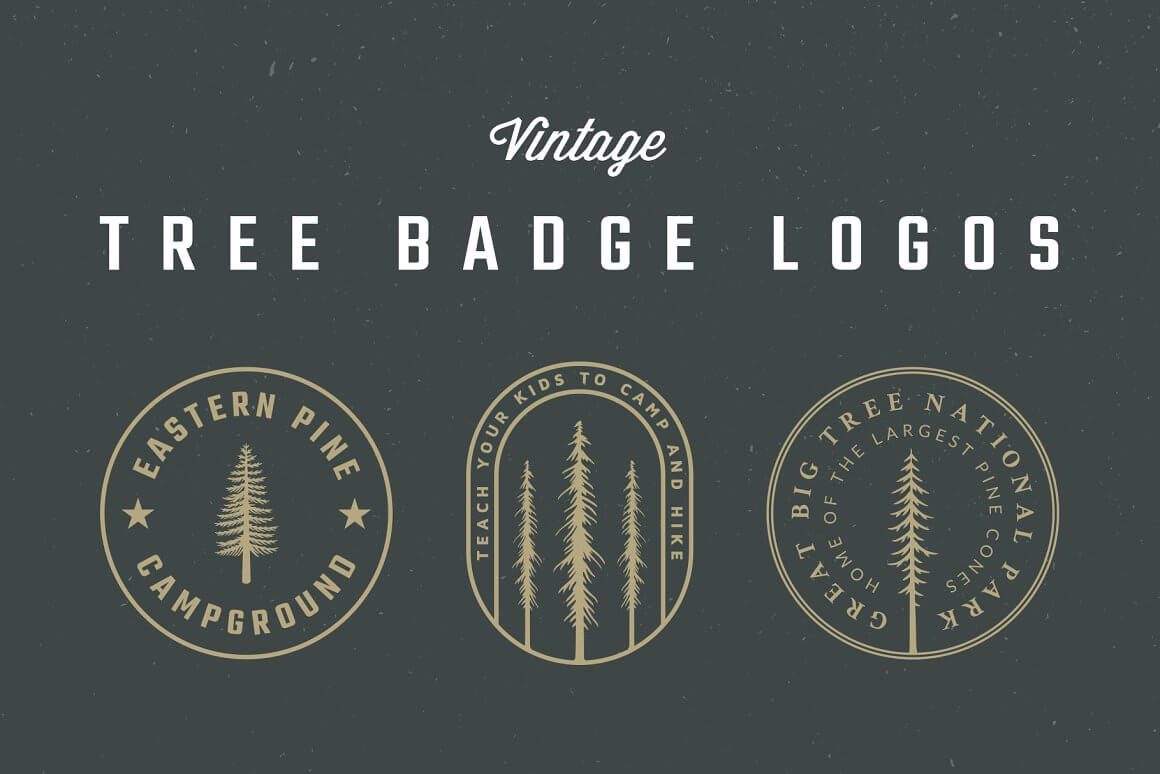 Large logos with vintage trees on an aged green background.