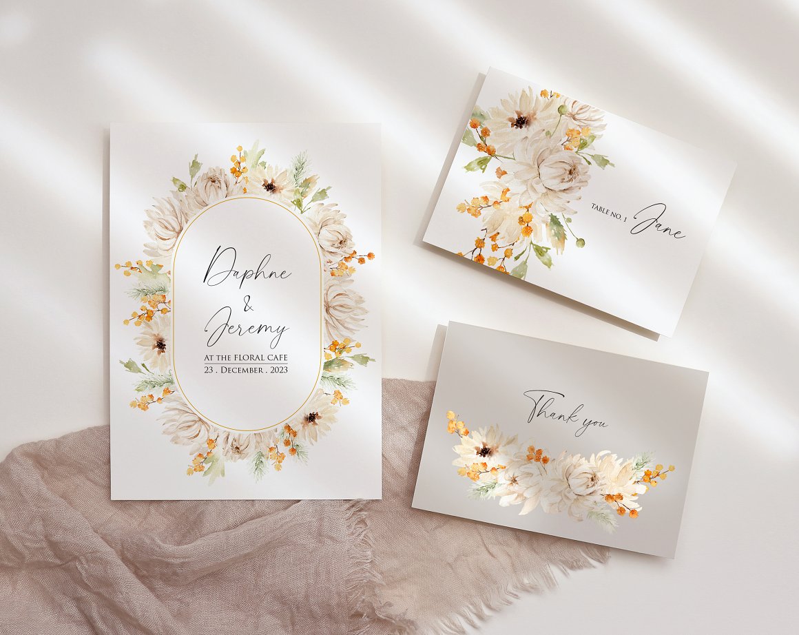 Various postcards with a floral frame in light colors.