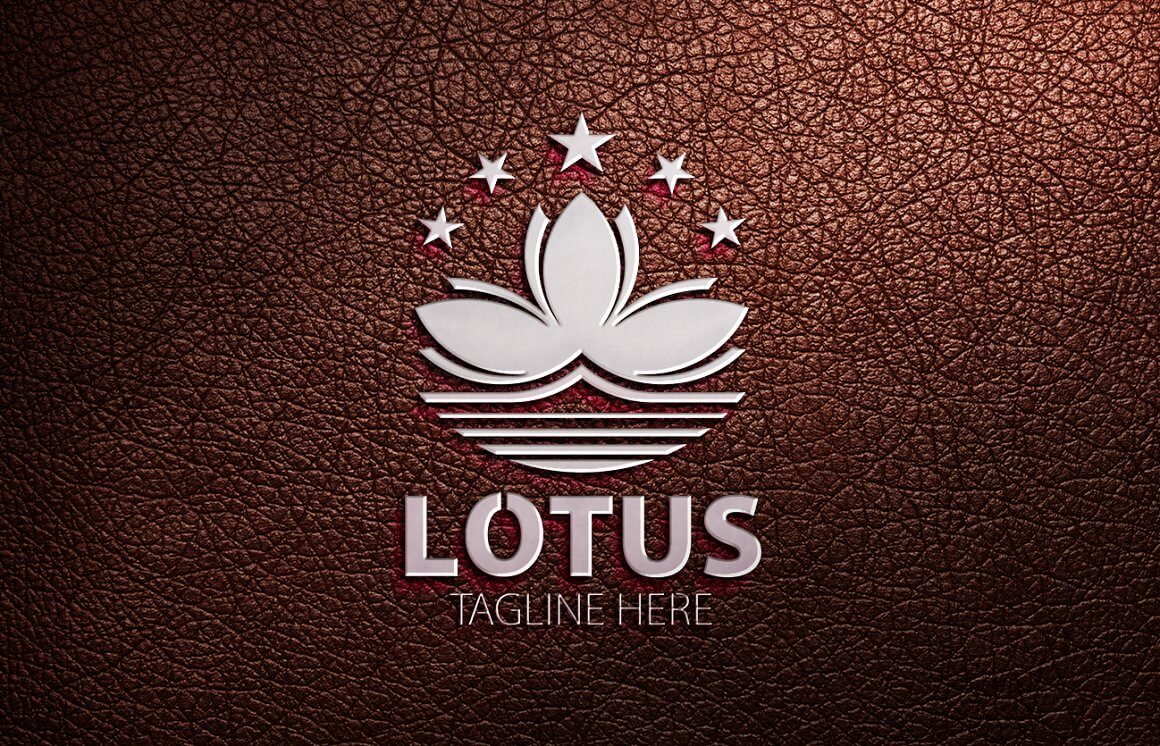 Large silver Lotus flower logo on brown leather.
