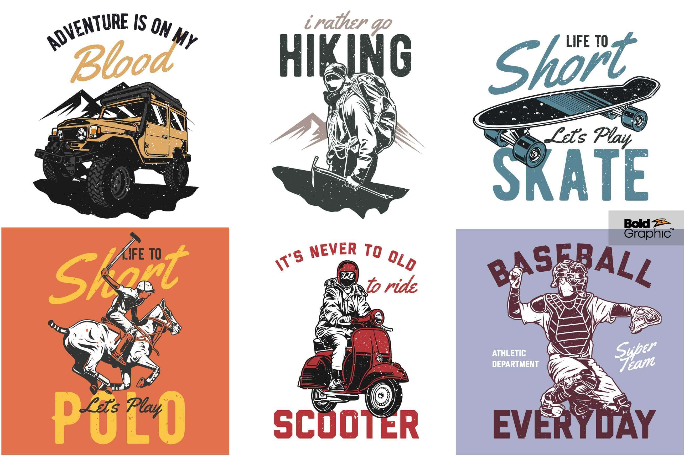 Six travel and outdoor t-shirt designs.