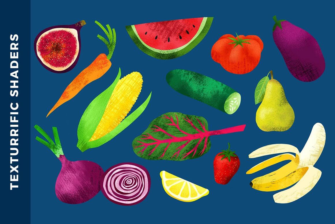 A lot of different vegetables and fruits on a blue background and with a vertical caption on the left "Texturrific Shaders".
