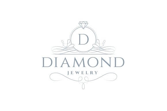 Large white diamond jewelry logo with beautiful swirls in pale blue.
