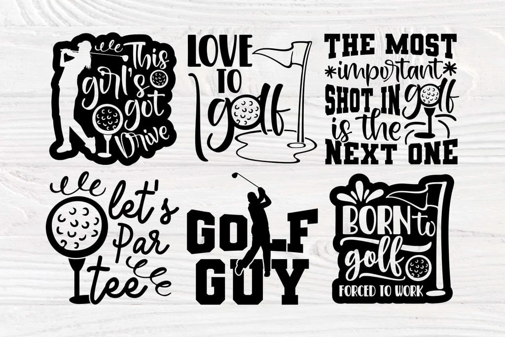 Black and white logos: "This girl's got drive, Love to golf, The most important shot in golf is the next one".