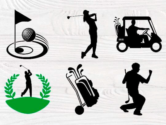 Six pictures with golfers and golfers on a gray background.