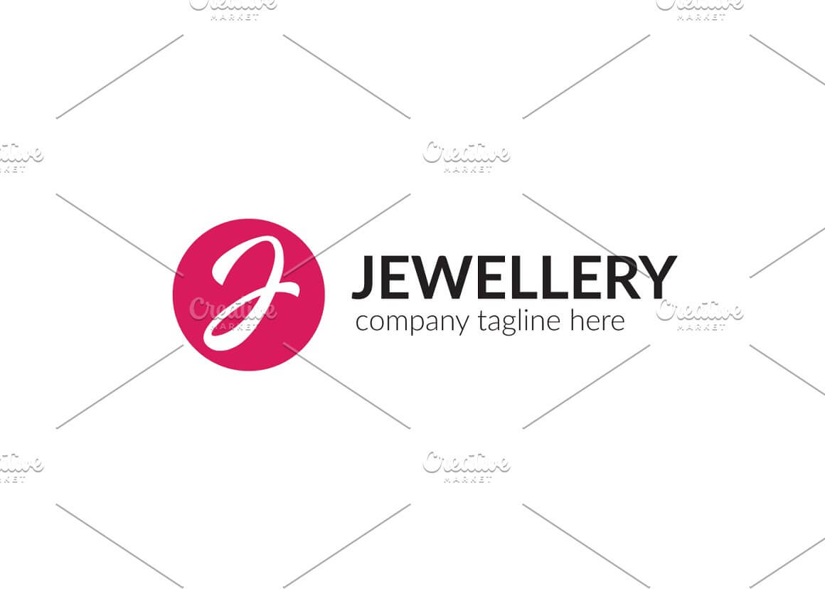 Large red J jewelry logo and title on the right on a white background with a Creative market watermark.