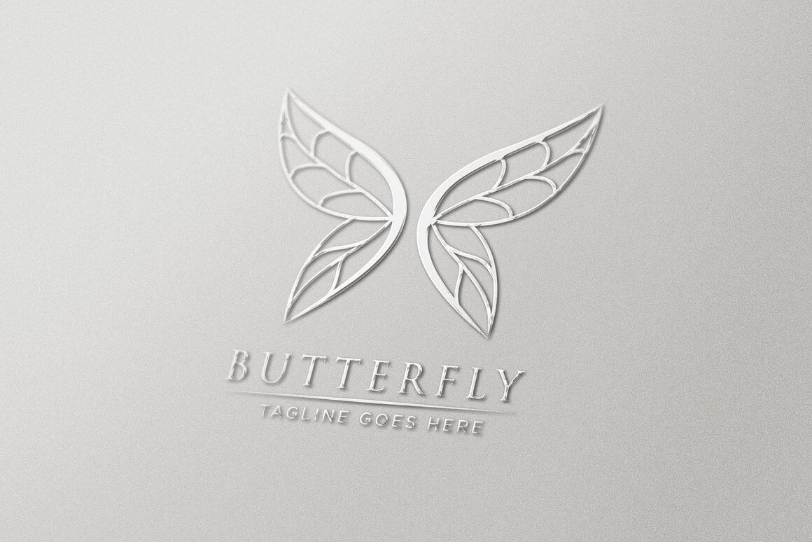 Large silver butterfly logo on a light gray background.