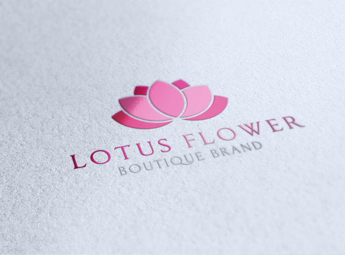 Pink lotus flower logo on light gray textured paper.