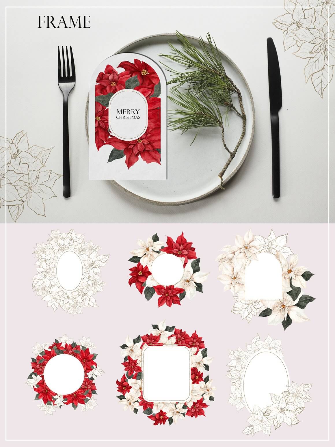 The Christmas table is decorated with a pine branch and a card with poinsettia flowers.