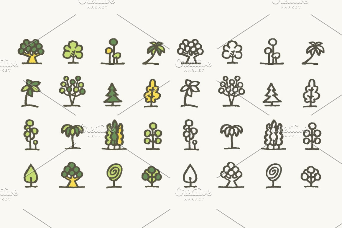 Thirty-two logos with drawings of small trees.
