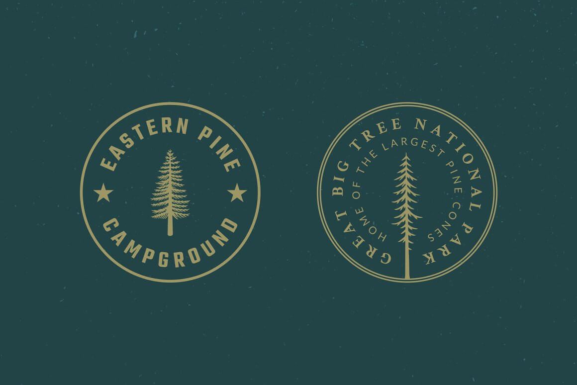Two large round logos with vintage trees on an aged rich green background.