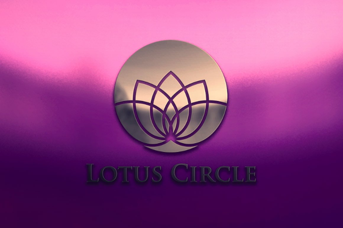 Round gold logo with a lotus flower on a purple background.