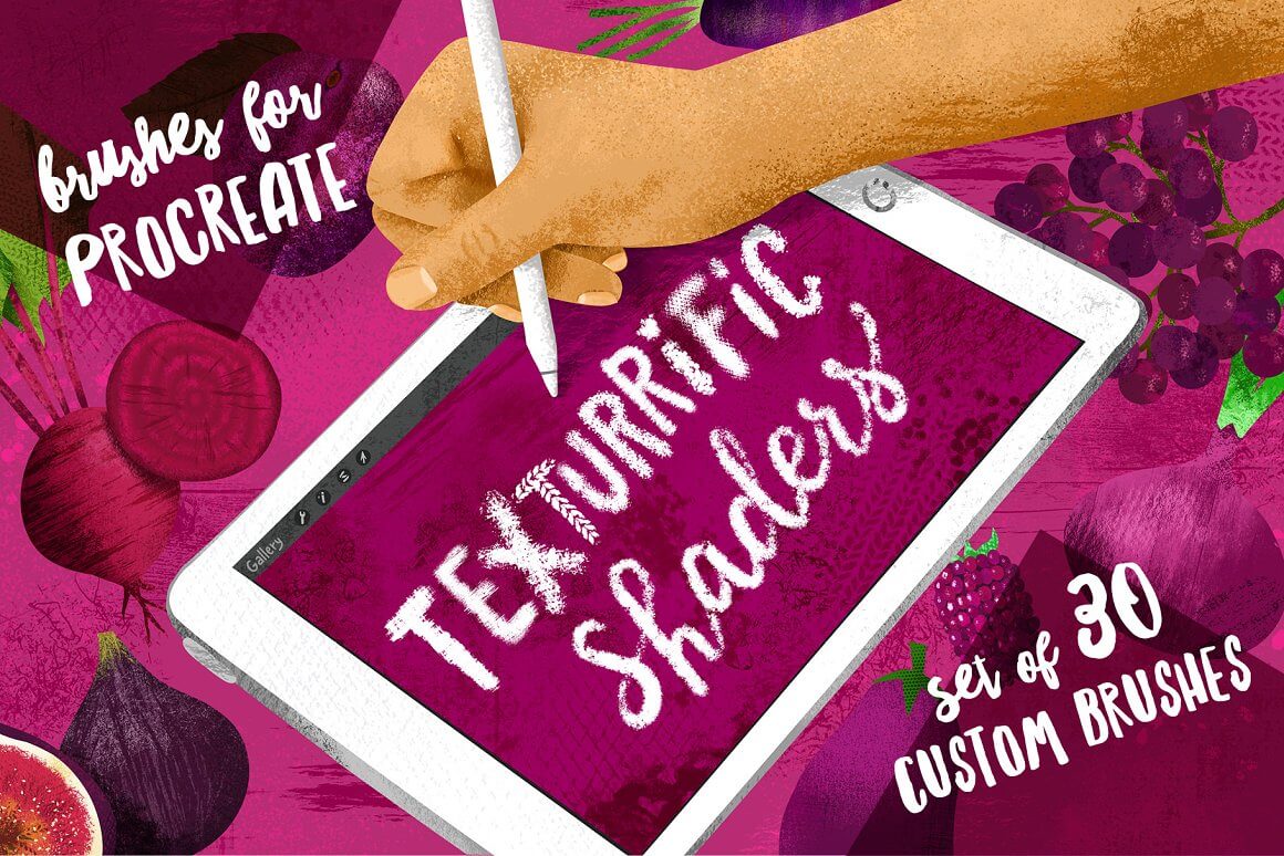 Inscription: Brushes for Procreate, On the tablet screen "Texturrific Shaders", set of 30 Custom Brushes.