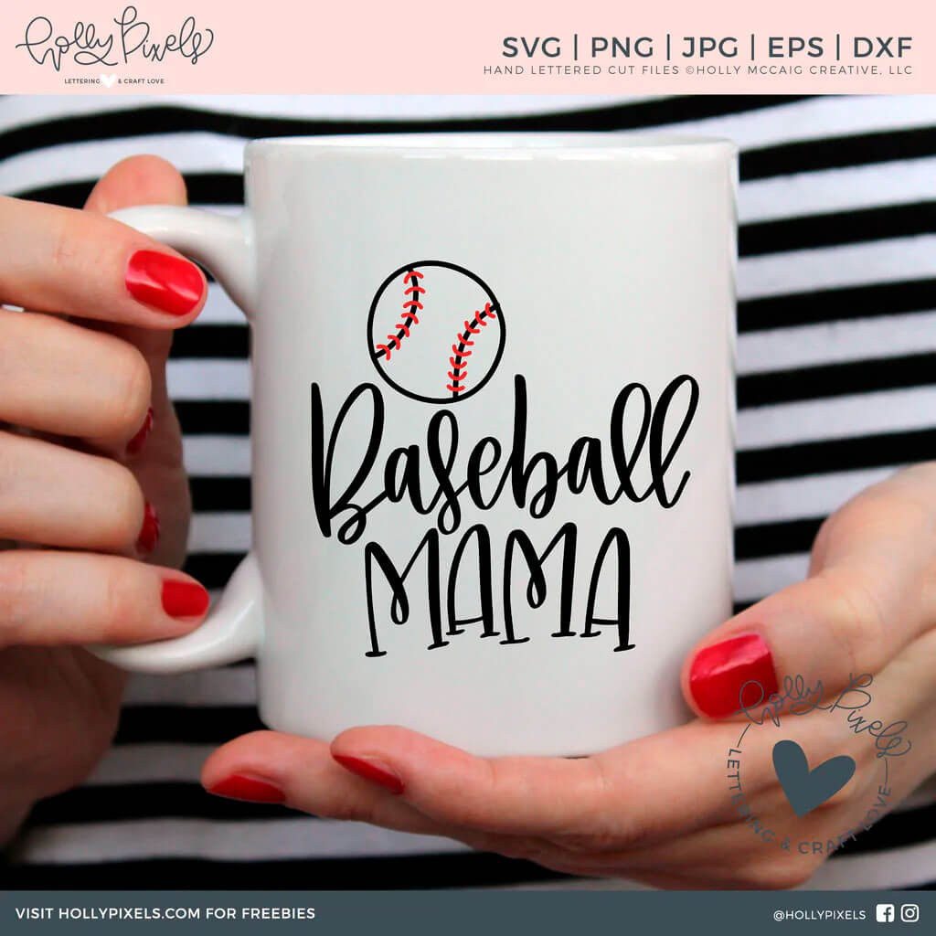 A white cup in the hands of a girl with a red manicure and the inscription Baseball Mom and a pattern of a baseball.
