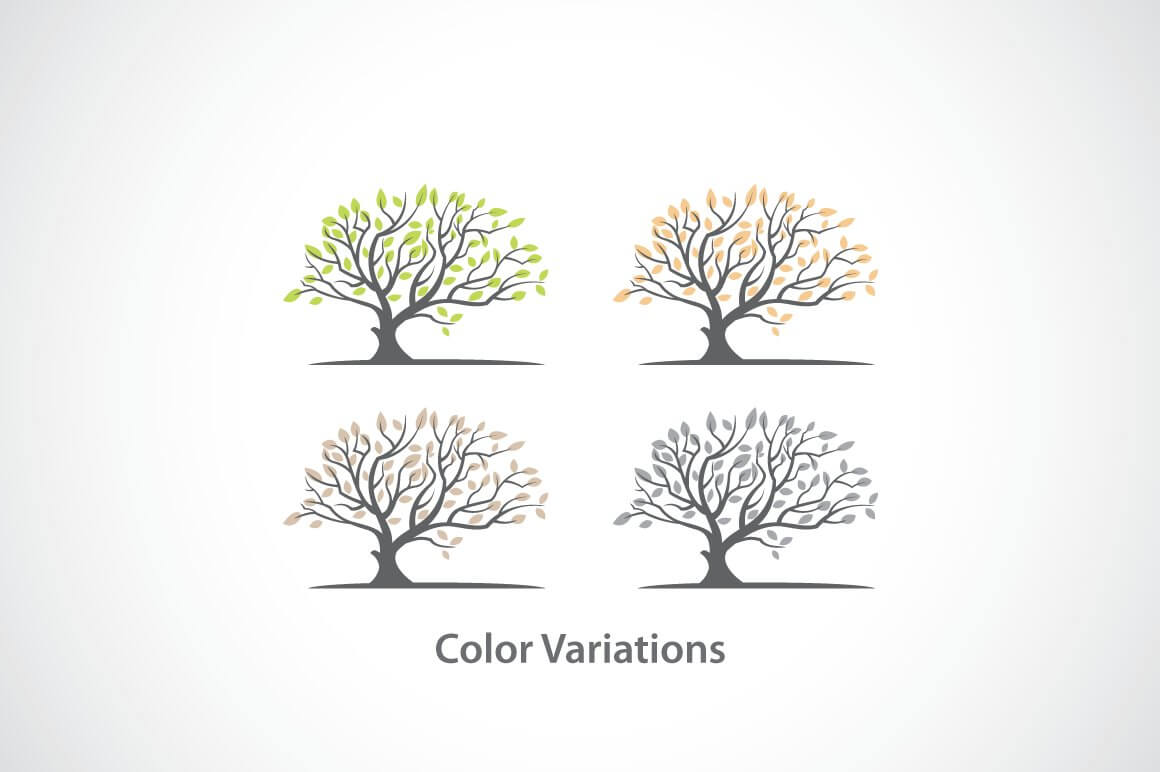 4 gray trees with colored crowns on a white background.