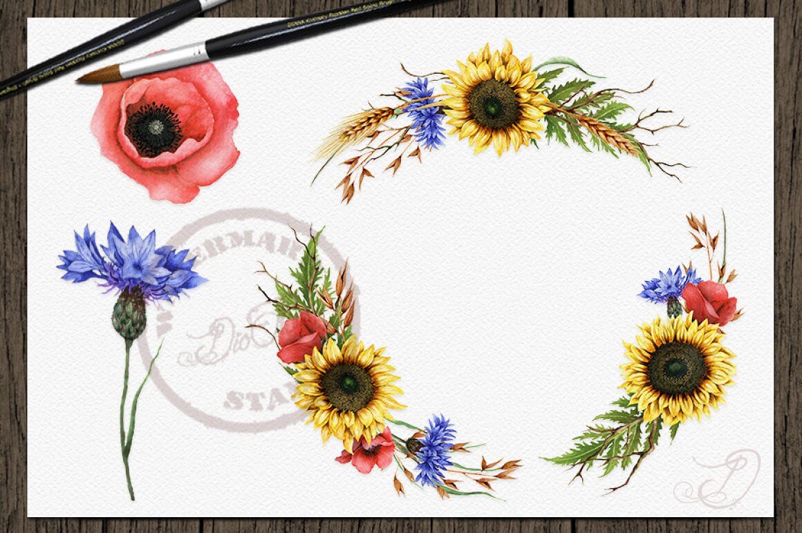 Frame of wild flowers: sunflowers, poppies and spikelets.