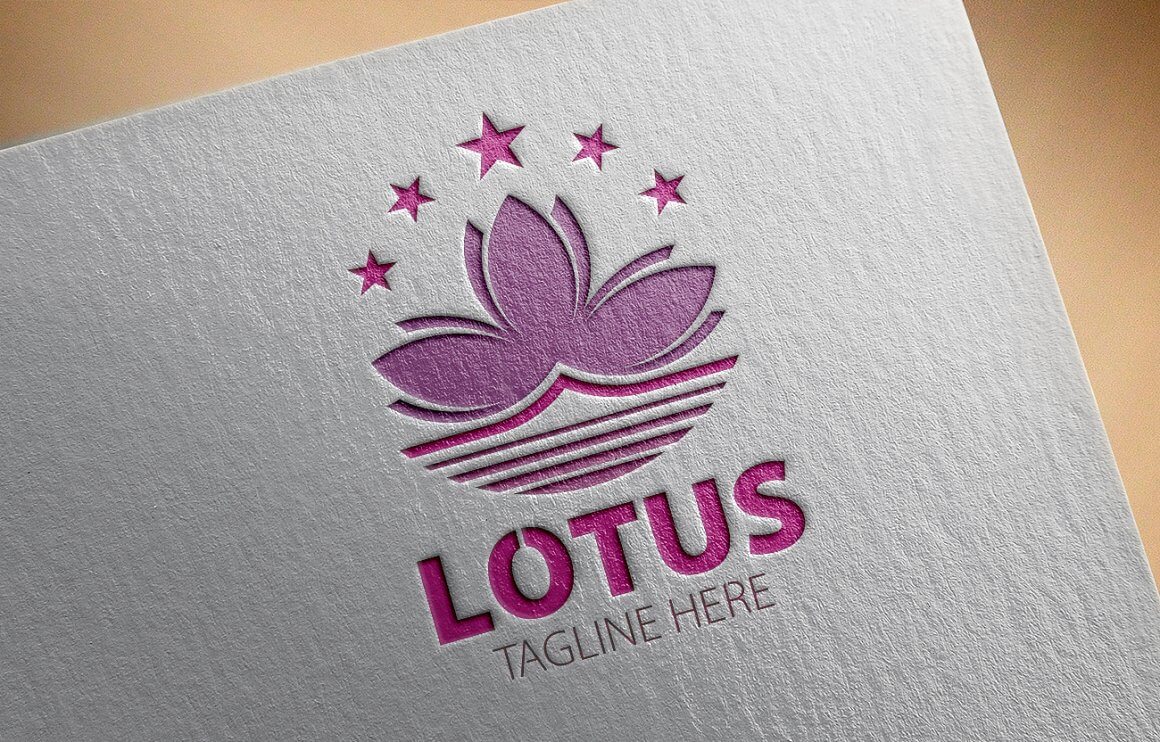 Large purple Lotus flower logo with lettering on a gray leaf.