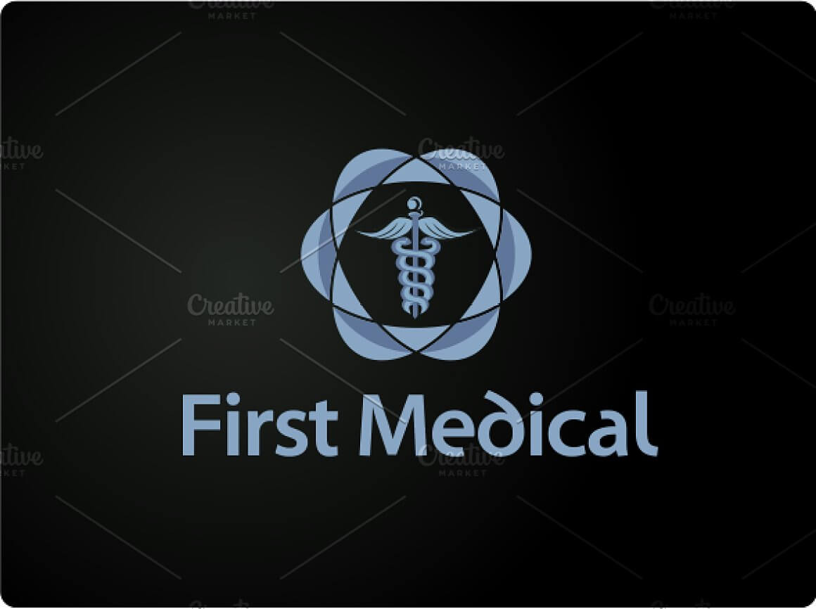 Blue medical logo on a black background with a glare.