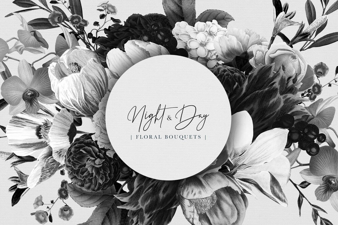 Black and white picture with an inscription on a white circle: Night & Day, Floral Bouquets.