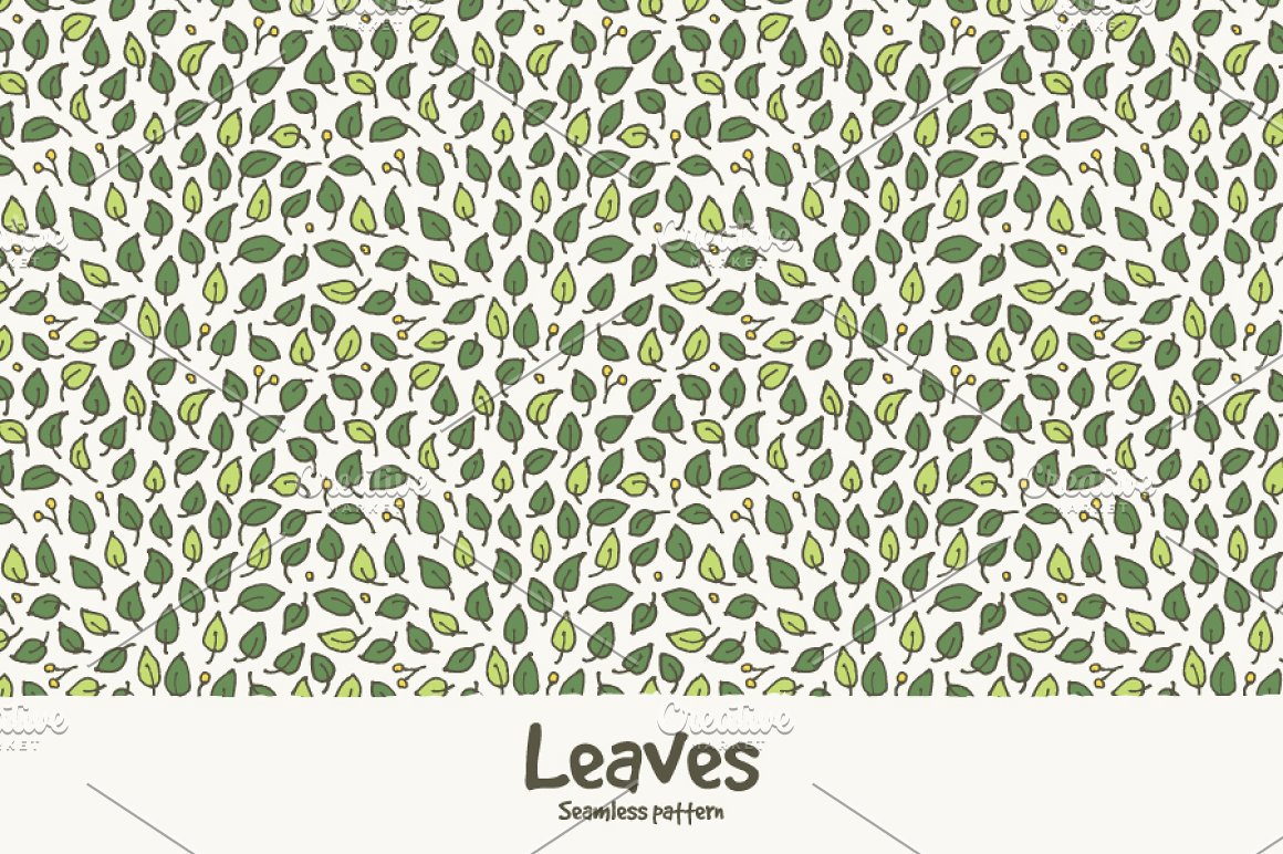 Drawing with many small green leaves and description "Leaves Seamless Pattern".