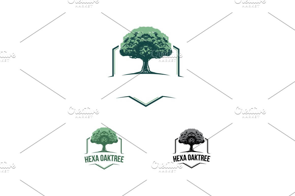 Picture with green and gray hexa oaktree on a white background.