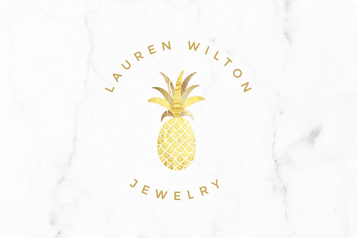 Designed with a beautiful golden pineapple logo on white marble with "Lauren Wilton, Jewelry" written around the pineapple.