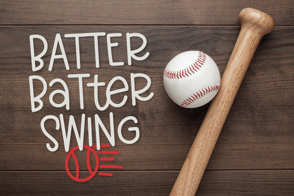 Large Lettering "Batter Batter Swing" on a wooden floor with a baseball and bat.