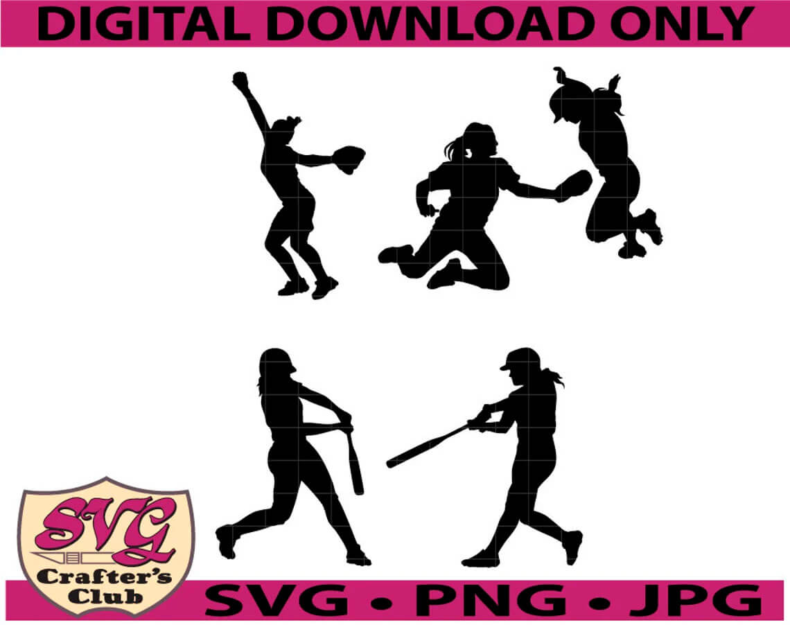 Five black silhouettes of softball and cricket players on a white background.