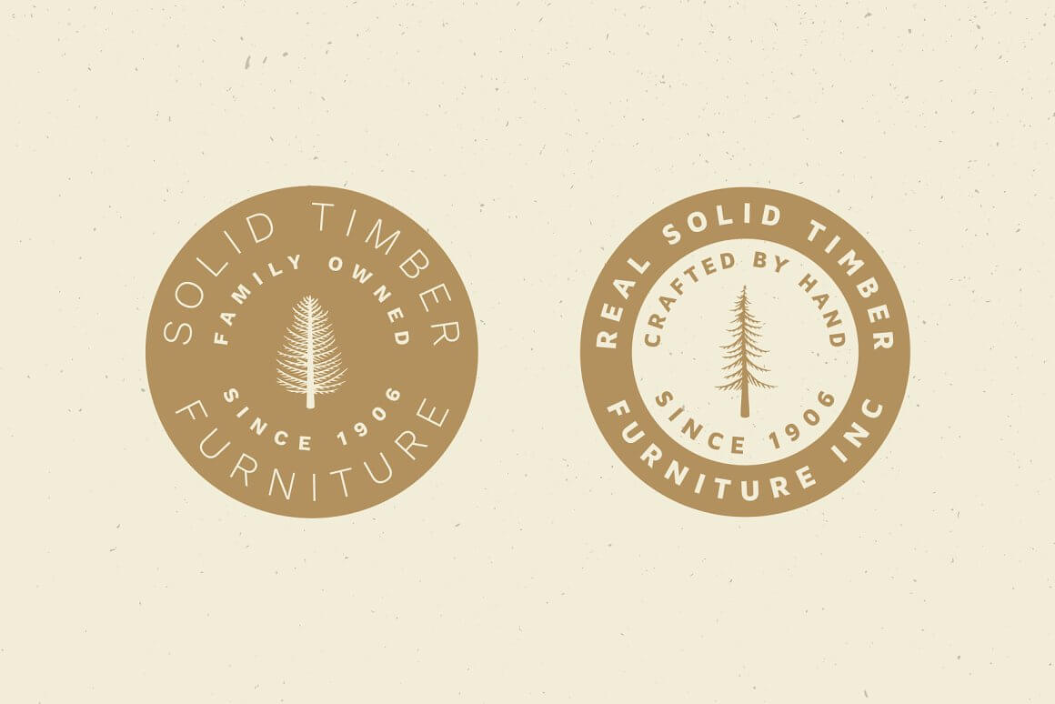 Two large round gold logos with vintage trees and names on an aged beige background.