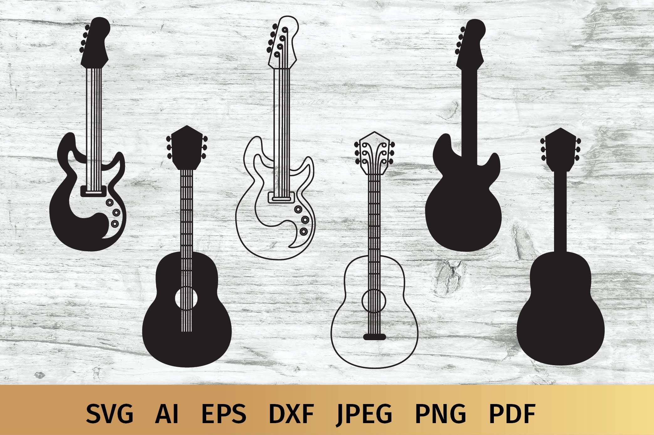 Various guitars on a wooden background.