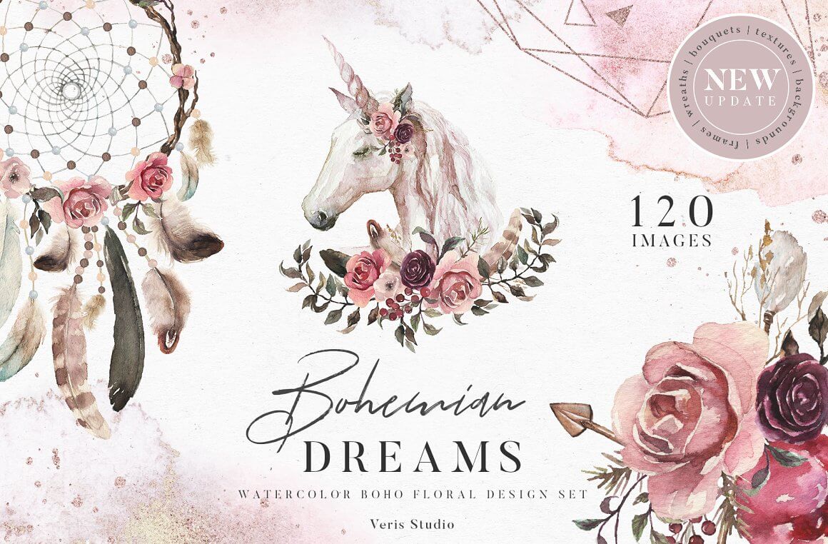 Images of a bohemian dream: a unicorn, a dream catcher with feathers, and more.
