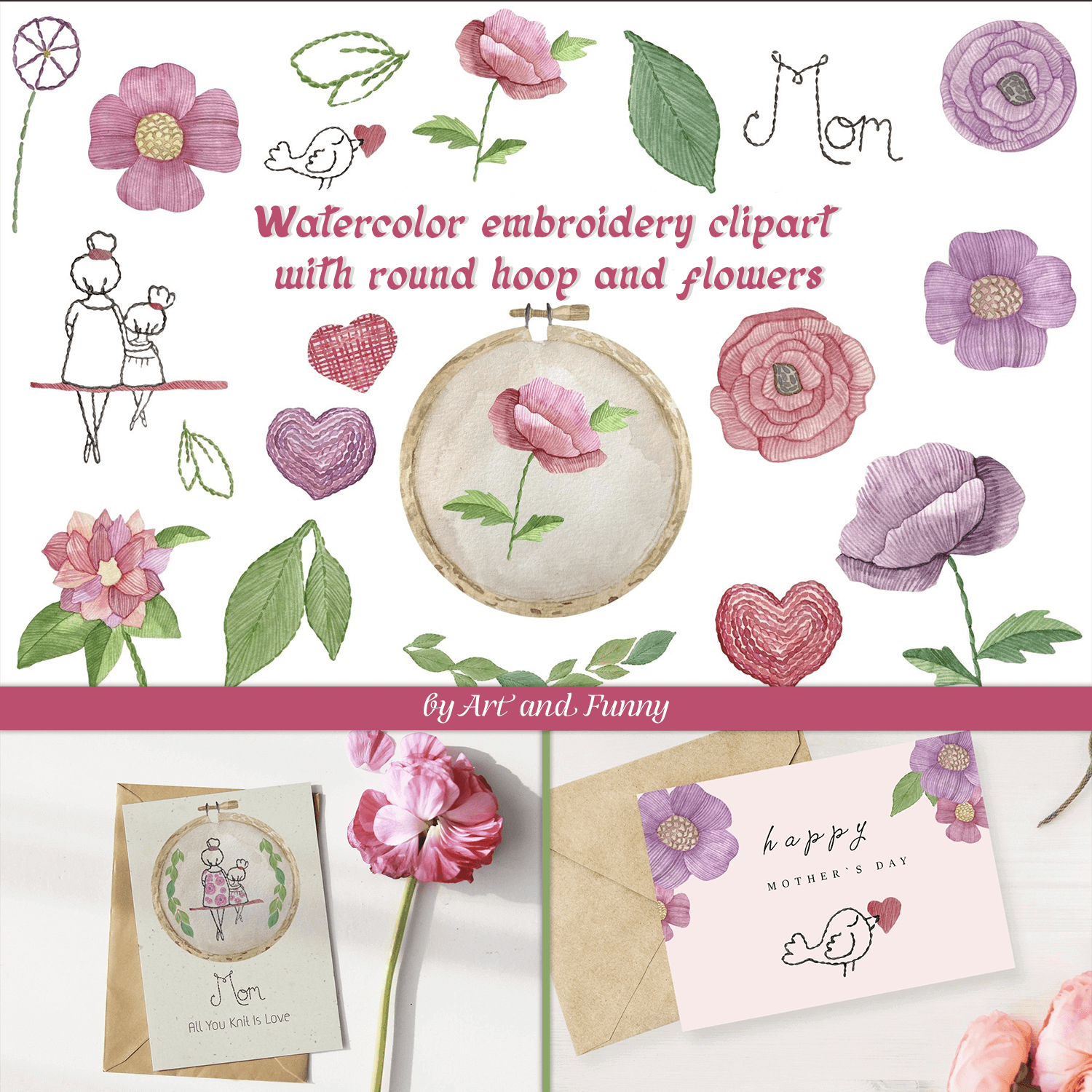 Watercolor embroidery clipart with round hoop and flowers.