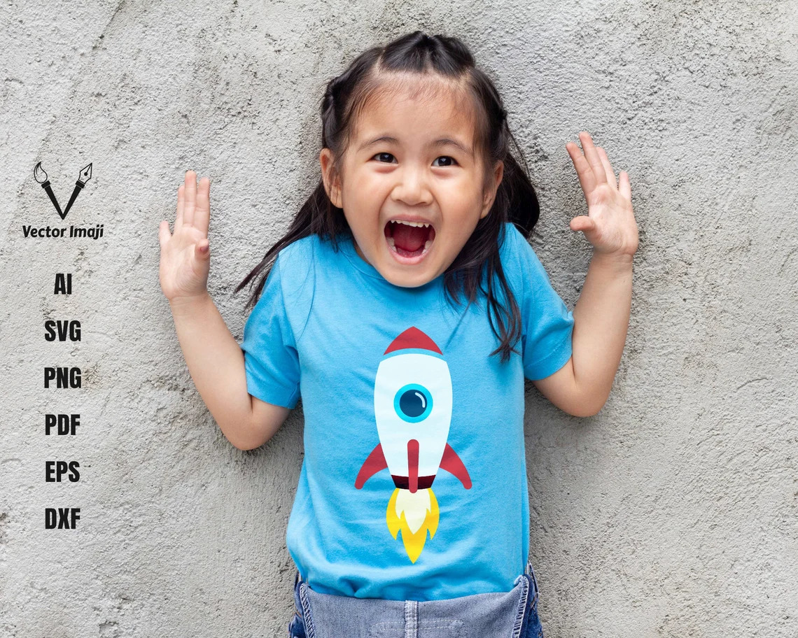 Blue t-shirt on a surprised girl with a rocket print.