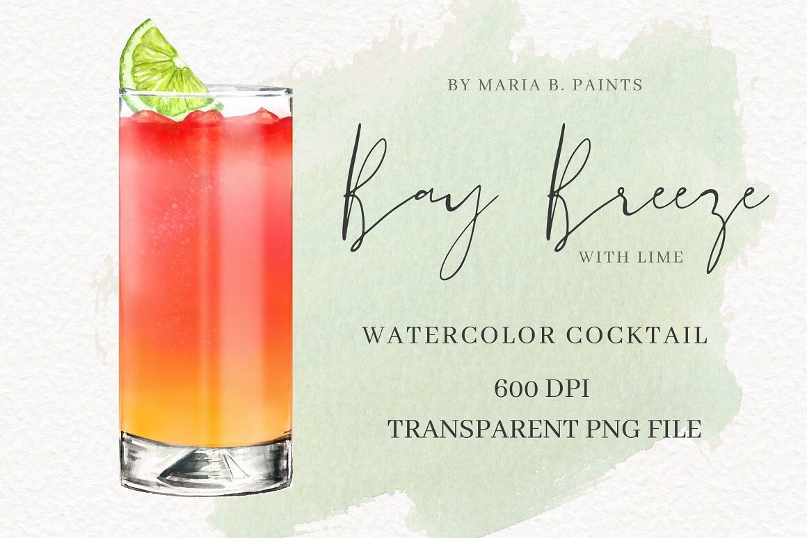 Bay Breeze with lime watercolor cocktail.