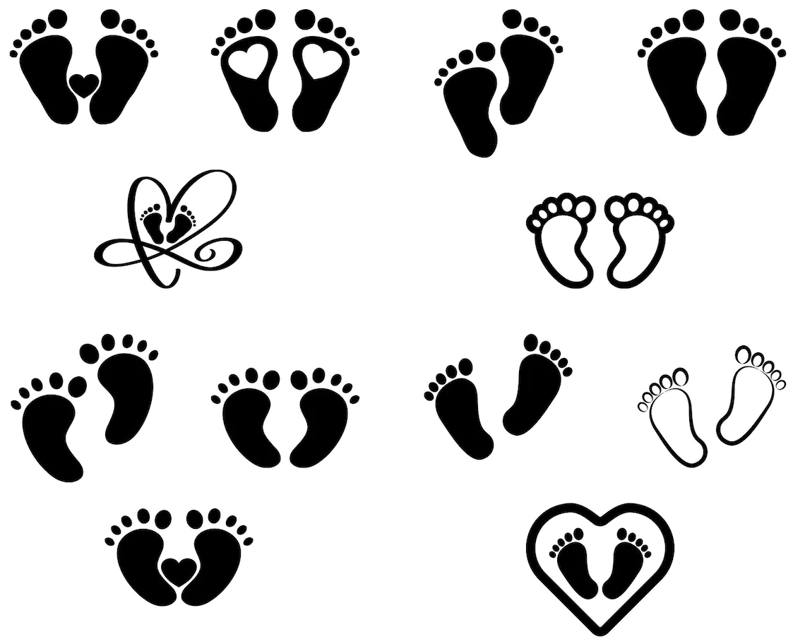 Preview black and white prints of children's feet with a heart.