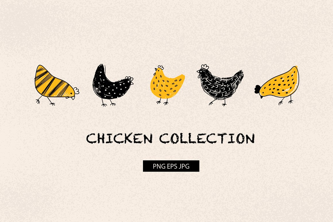 Yellow, black and white chicken collection.