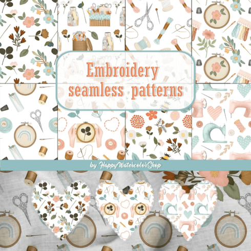 Embroidery seamless patterns by HappyWatercolorShop.