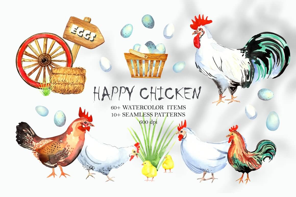 60+ watercolor items of happy chicken.