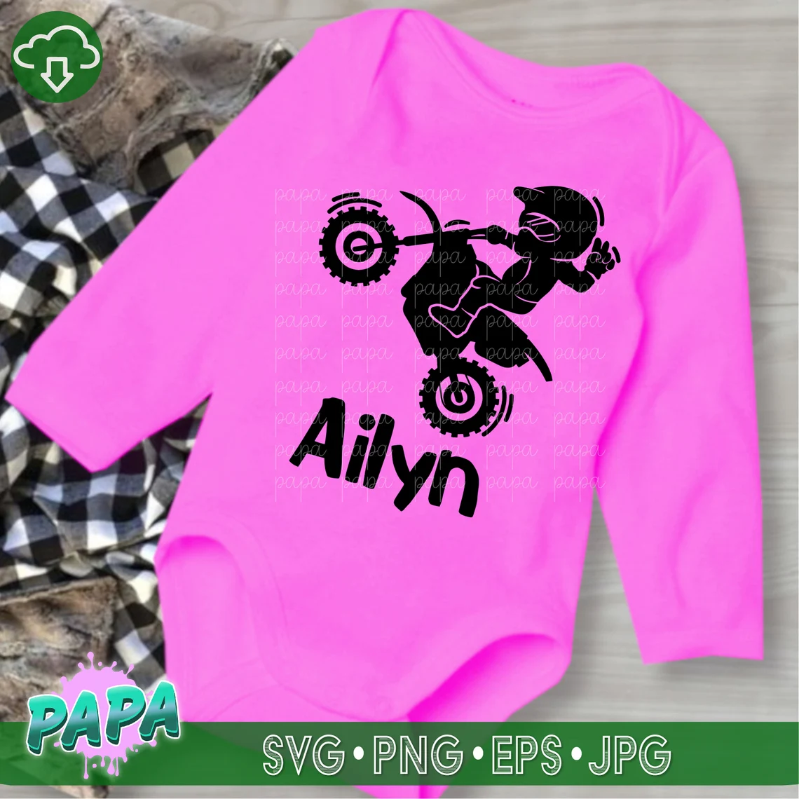 Children's print with a motorcyclist on a pink T-shirt.