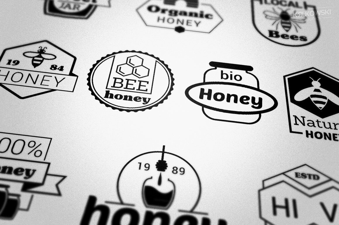 Logos with inscriptions bee and honey.