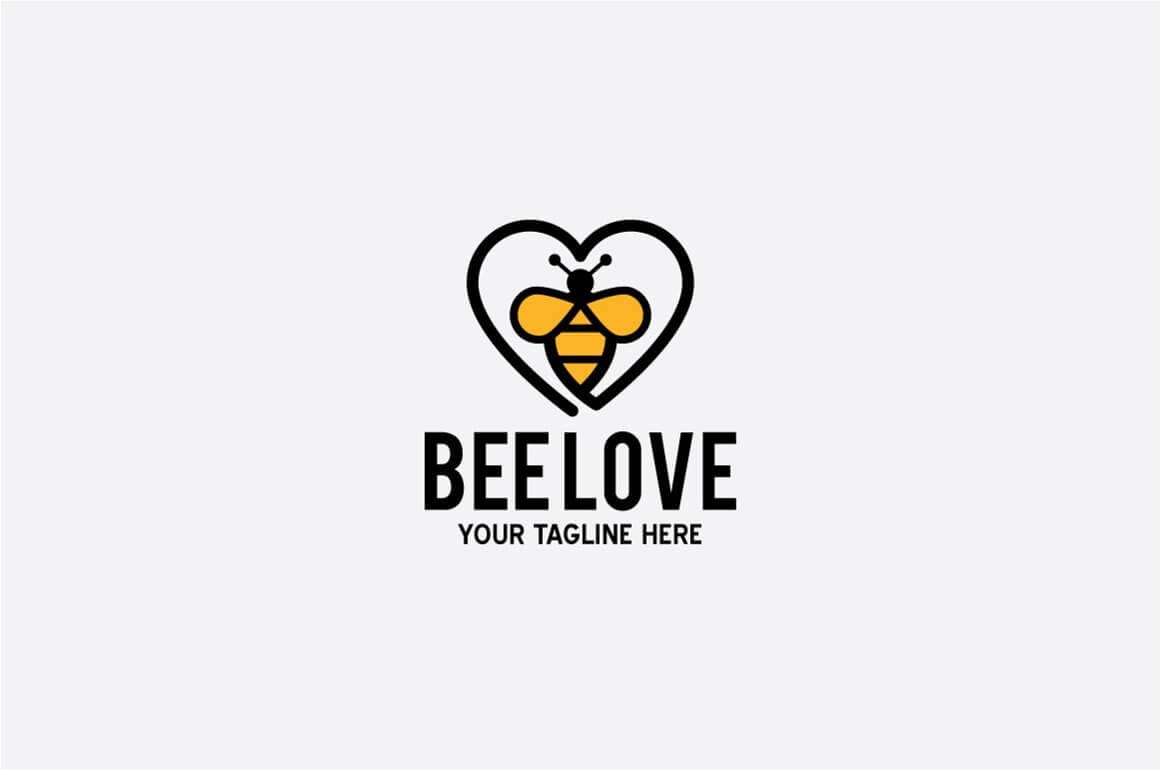 Logo beelove with the image of a black contour of the heart inside which is a honey-colored bee.