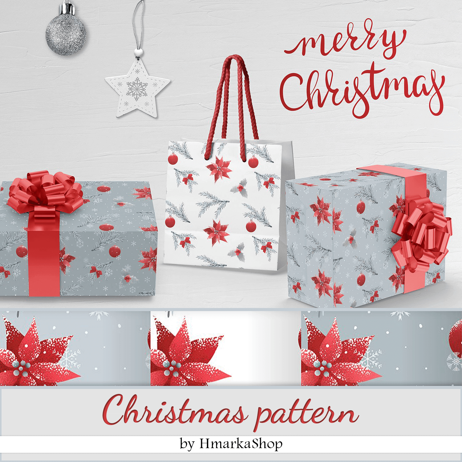 Christmas Pattern in grey, red and white colors.